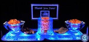 Cleveland Cavs basketball hoop on ice tables with ice bowls ice sculpture